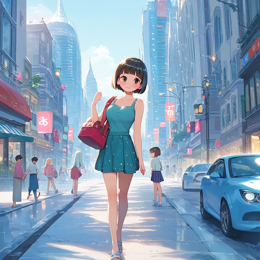 score_9,score_8_up,score_7_up,masterpiece,best quality, source anime, official art, super detailed, extreme detailed, rating_safe,
1girl, walking, ice age, (iced Tokyo city:1.3), street, frozen city, frozen building, frozen road, frozen cars,
BREAK girl, 22yo, short hair, bob cut, (blunt bangs), black hair, (tareme, detailed cute brown eyes), curled eyelashes, (large breasts:0.9), 
shiny hair, beautiful detailed eyes, beautiful face,
summer fashion, no sleeves, mini skirt,
blush, smile, (steam),