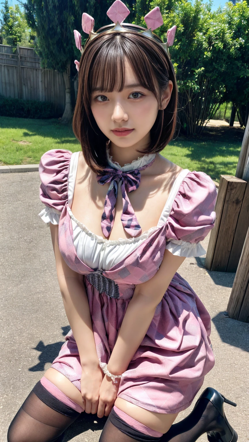 A beautiful and hot almost chubby mature woman.who is wearing a patterned short dress and is and standing in the park. A smiling face、sexy woman、A radiant smile、adorable、race、Frills、Colorful design、Full-length mirror、An inviting gaze、Gorgeous long and beautiful hairstyle、variation Hairstyle、Open neck blouse、Flower Garden、Sparkling、Elegant Princess