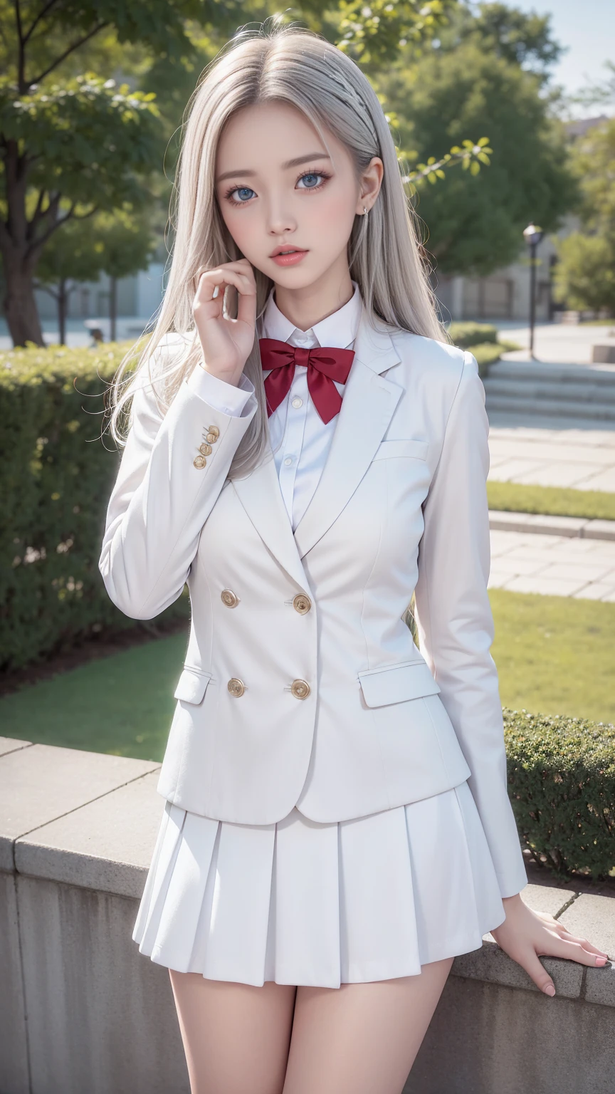 (girl standing on the steps in the park),The highest quality of work,actual work,Ultra-premium graphics,8K HD CG 작동,High-quality graphics,고화질 CG Work,10x Pixel,Super fine details:1.1,Advanced technical details:1.1Realistic,실내 lighting effects:1.5,natural light:1.5. lighting effects(virtual lighting effects:1.8),Super high resolution,shining赤いドレス,長いsilver hair,silver hair,transparent hair,High-detail hair(Premium hair details:1.1)clear eyes,Your double eyelids are pretty,Sharp eye makeup, Delicate eyelash makeup, thin eyebrows, very detailed eyes,high nose, I like red lips, rose cheek, A face with delicate makeup , Cute face, perfectly balanced face,(Advanced facial details:1.1),shining,very coolドレス,bright red series,(White Blazer) 、(white blouse)、(red bowtie)、(check skirt)、、girls 、Photo shoot,female'Work,full body figure,realism,very cool,My eyes are sparkling again today