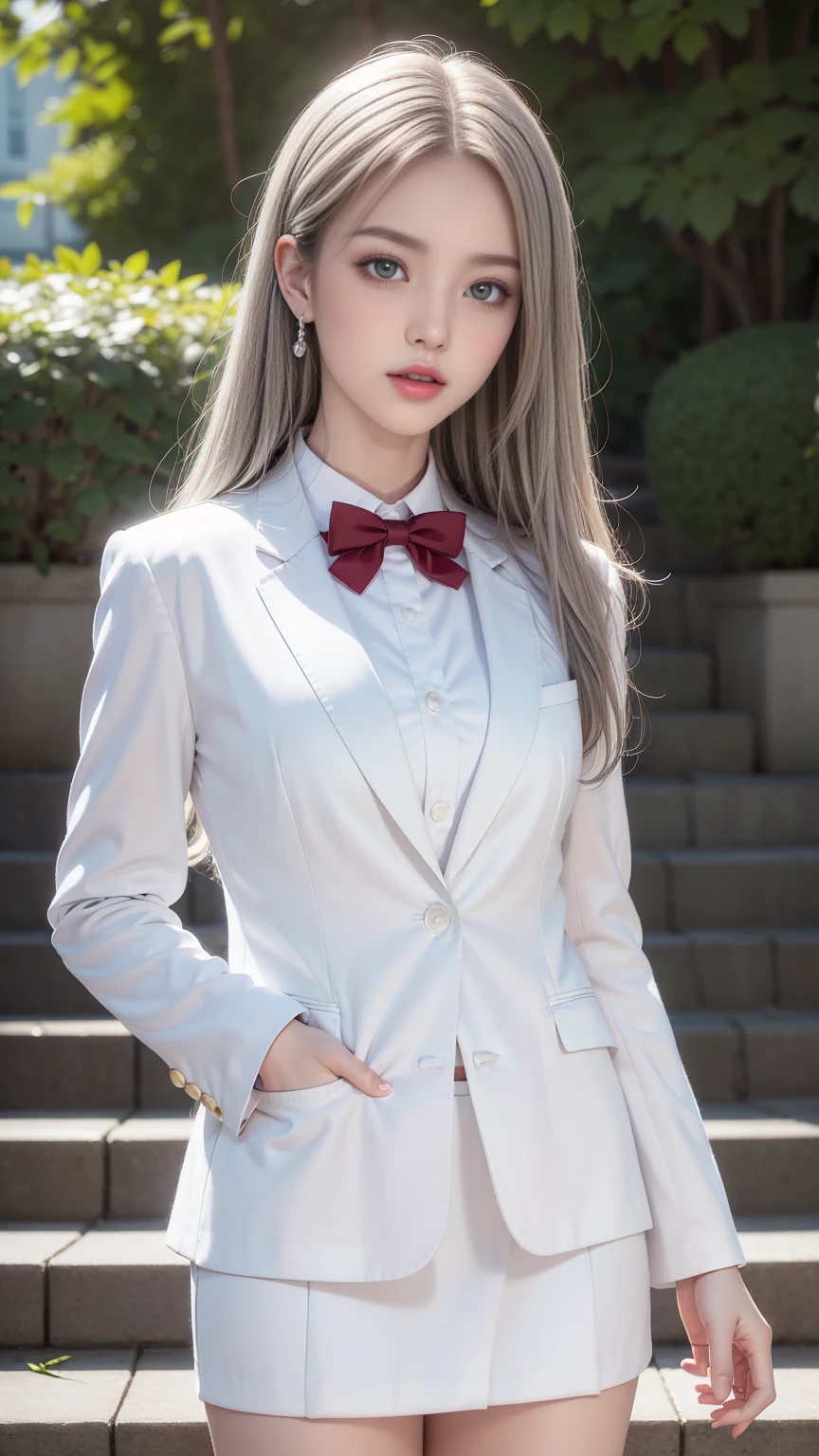 top quality work,actual work,Ultra-premium graphics,8K HD CG 작동,High-quality graphics,High-definition CG work,10x Pixel,very fine details:1.1,Advanced technical details:1.1 realistic,(階段に足を組んで座っているgirl)natural light:1.5. lighting effects(virtual lighting effects:1.8),濡れた長いsilver hair,silver hair,transparent hair,Hair that pays attention to detail(Premium hair details:1.1)clear eyes,Your double eyelids are pretty,Sharp eye makeup, Delicate eyelash makeup, thin eyebrows, very detailed eyes,high nose, I like red lips, Rose cheeks, A face with delicate makeup , Cute face, perfectly balanced face,(Advanced facial details:1.1),shining,very coolドレス,bright red series,((front open wet white blazer)) 、(Translucent wet white blouse)、(red bowtie)、(wet check skirt)、、girl 、Photo shoot,female'Works of art,full body portrait,realism,very cool,My eyes are sparkling again today、(8. she'It's wet)),(sudden rain、wind),(windでスカートが舞い上がる),(I can see your pants)、
