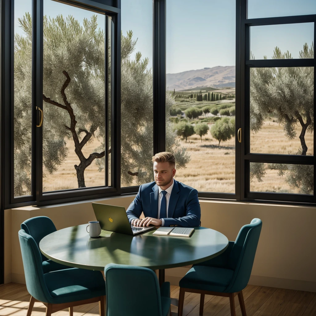 Chubby shaved blonde man with blue eyes doing video conference in olive green suit with a laptop in a classic dark blue living room with gold trim. He has several papers on the table with a green circle. Through the window you can see a field of olive trees with people working and a small ship.. Behind him he has a painting with a photo with his son in the olive grove.. A text document is seen on the computer screen.