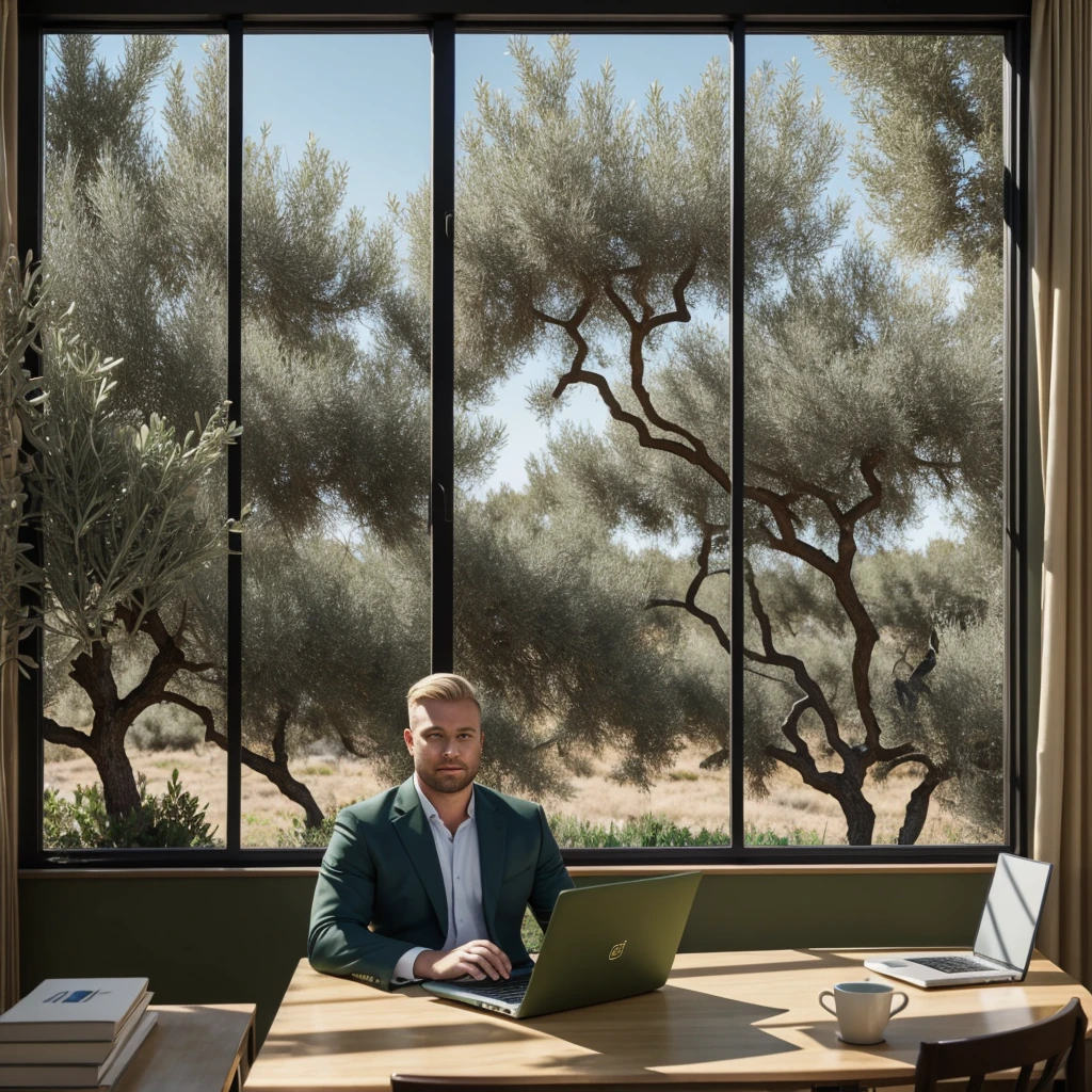 Chubby shaved blonde man with blue eyes doing video conference in olive green suit with a laptop in a classic dark blue living room with gold trim. He has several papers on the table with a green circle. Through the window you can see a field of olive trees with people working and a small ship.. Behind him he has a painting with a photo with his son in the olive grove.. A text document is seen on the computer screen.