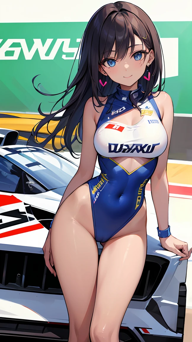 ((best quality)), ((masterpiece)), (detailed), perfect face, ((Best quality, 8k, Masterpiece: 1.3)), Sharp focus A beautiful woman with perfect body, Slim abdomen, Highly detailed face and skin texture, Detailed eyes, Double eyelid, smile, black hair, heart earrings, Race queen, FI circuit, background (FI car), Race Queen Costume, Tanned skin, Dark Skin