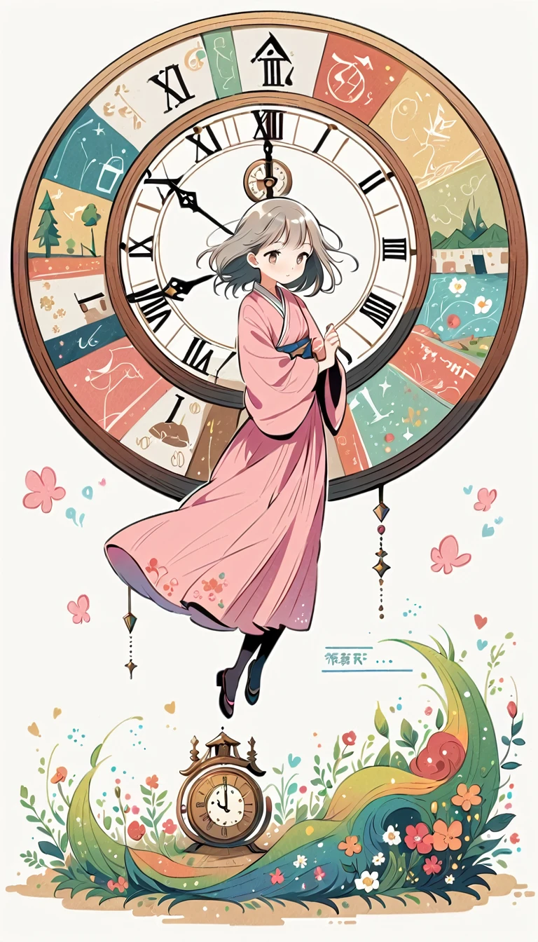 white background, Fujichoco style, pink kimono, (((The Most Beautiful Girl))), gray hair, ((giant clock)), simple background, full body, Simple line initialism,