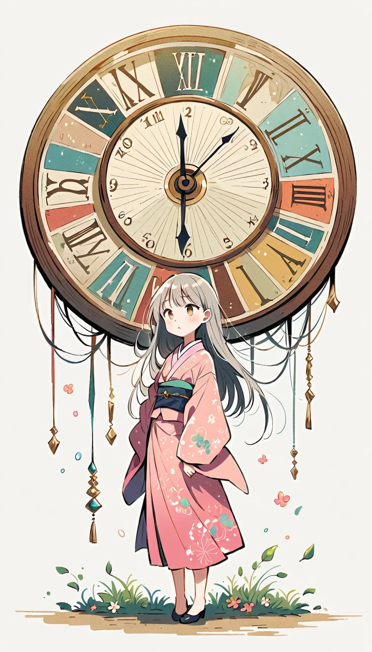 white background, Fujichoco style, pink kimono, (((The Most Beautiful Girl))), gray hair, ((giant clock)), simple background, full body, Simple line initialism,