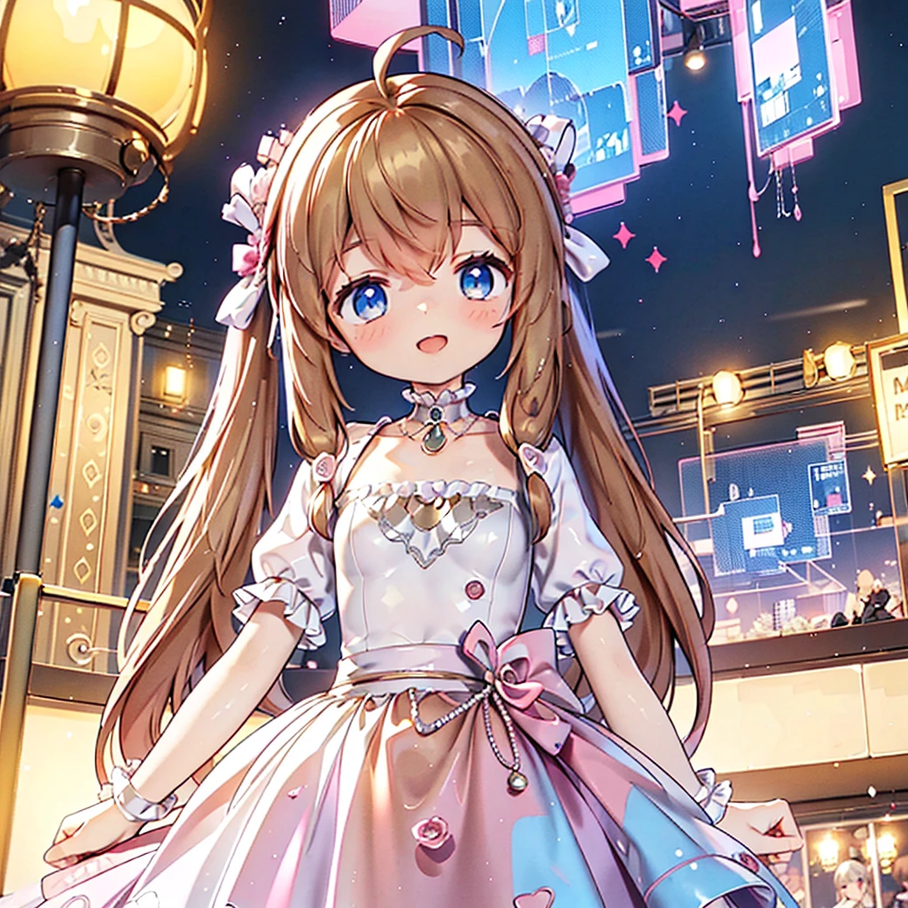 masterpiece, best quality, CG wallpaper, 8k, girl, solo,  cute, petite, Blue eyes, brown twintail, (yellow dress), open mouth smile, look away, dynamic angle, glitch, neon and led lights, stand in front of viewer, look up the sky
