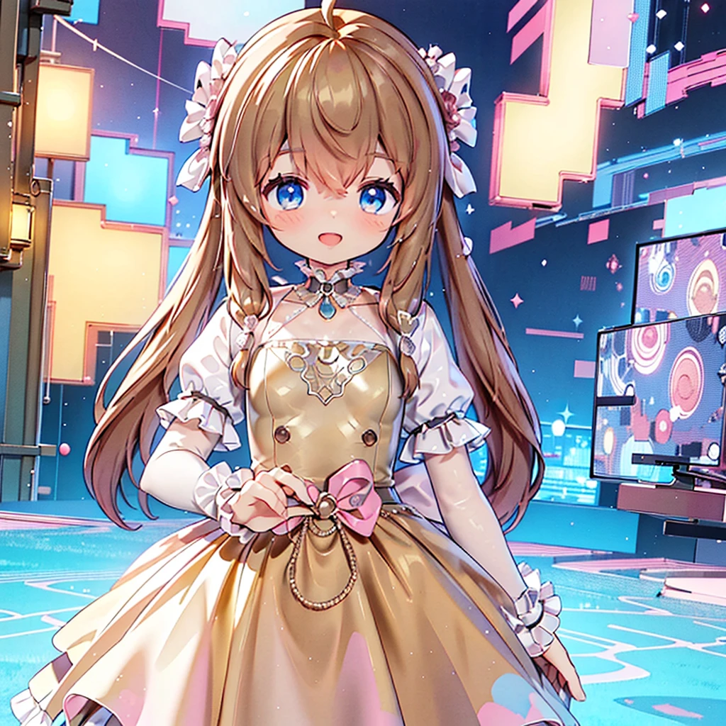 masterpiece, best quality, CG wallpaper, 8k, girl, solo, cute, petite, Blue eyes, brown twintail, (yellow dress), open mouth smile, look away, dynamic angle, glitch, neon and led lights, stand in front of viewer, look up the sky