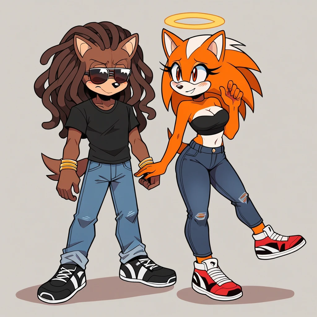 Score_9, score_8_up, multiple characters, 2characters, 1boy, mobian, male, wolf, two tone fur(black fur, white fur), black shirt, jeans, high-top sneakers, two-tone hair (brown hair, black tip)), dreadlocks, jewelry, brown eyes, brown eyes, smile, 1girl, mobian, hedgehog, two-tone fur ((orange fur, brown fur)), pyjama elastic shorts, strapless crop top, cleavage, high-top sneakers, two-tone hair (brown hair, black tip)), curly hair, halo, sunglasses, jewelry, red eyes, longeyelashes, red eyes, smile, shy, blush, together, in love