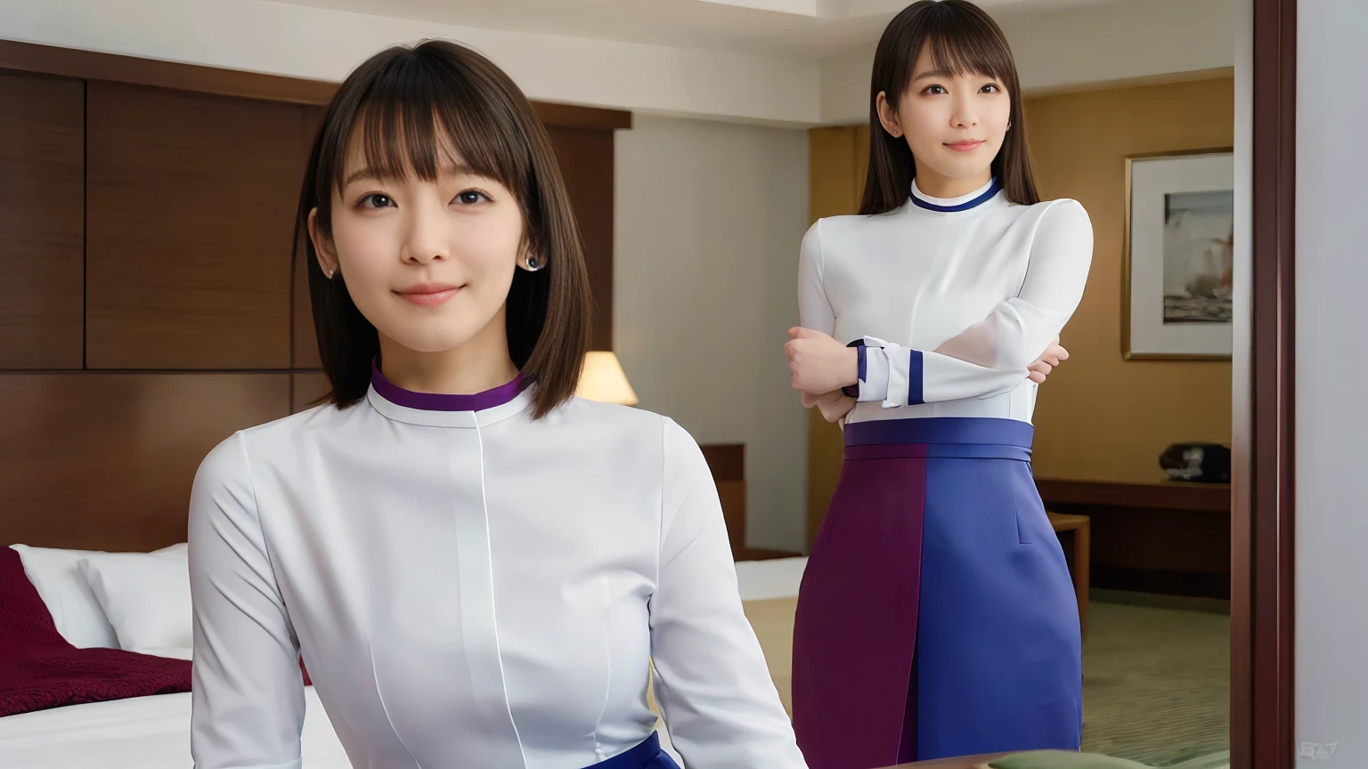 1 female,beauty,Beautiful Face,smile,polo neck bodycon dress、Grey clothes、one piece、(No sleeve:1.4),(Tight fit:1.3) 、,A dignified appearance,Plump Style,,(Saggy breasts:1.3)、(Peeking into this、Front view),Focus on the chest,Ultra-realistic,Ultra-high resolution,highest quality,8k,masterpiece,(Hotel Indoor、Shooting in bed:1.3)、The cutest Yoshioka Riho