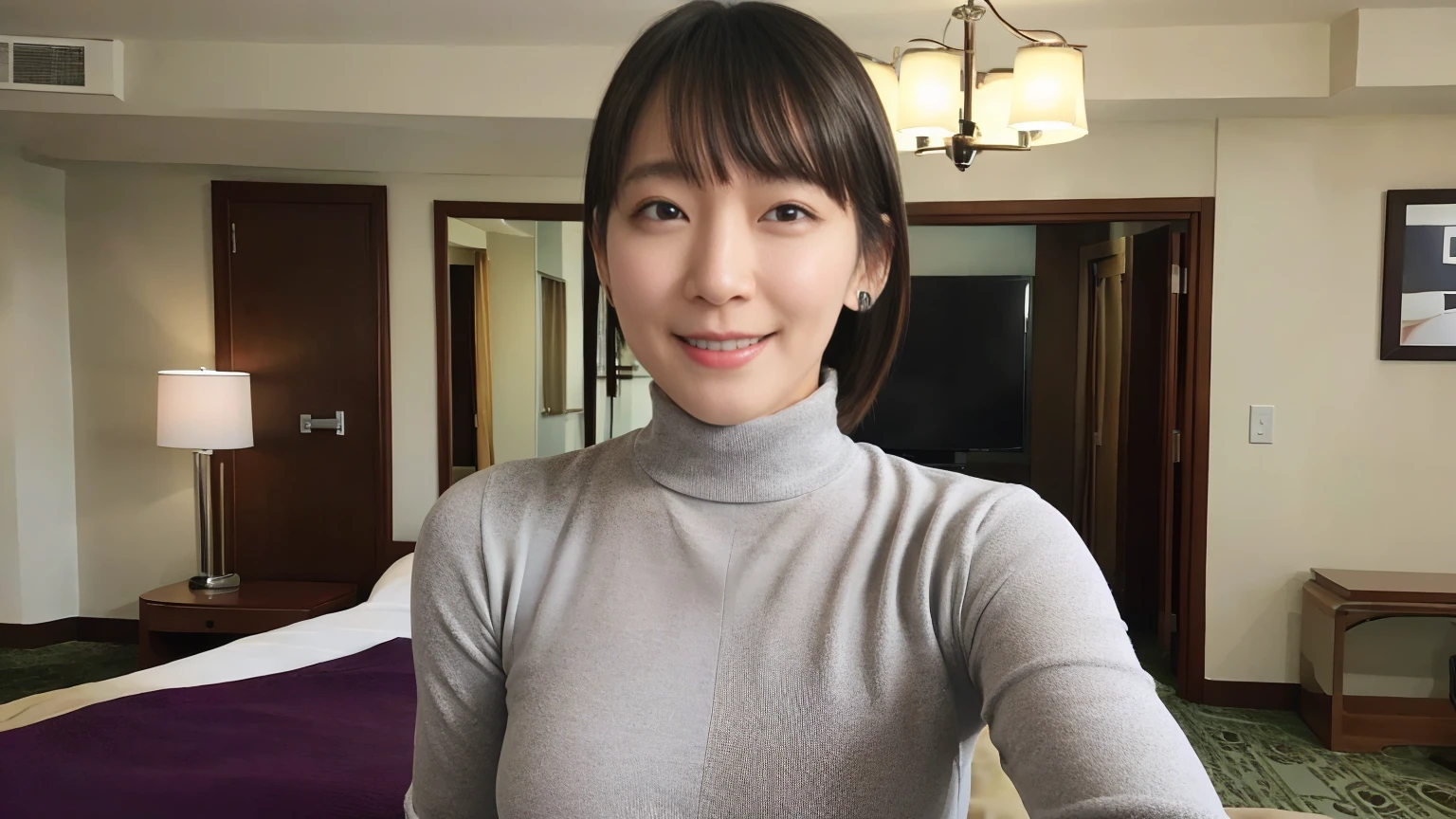 1 female,beauty,Beautiful Face,smile,polo neck bodycon dress、Grey clothes、one piece、(No sleeve:1.4),(Tight fit:1.3) 、,A dignified appearance,Plump Style,,(Saggy breasts:1.3)、(Peeking into this、Front view),Focus on the chest,Ultra-realistic,Ultra-high resolution,highest quality,8k,masterpiece,(Hotel Indoor、Shooting in bed:1.3)、The cutest Yoshioka Riho