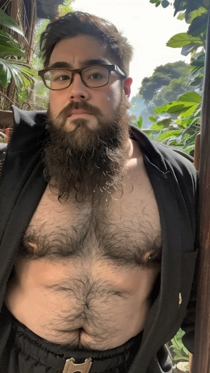 One boy, beard, Glasses, obesity, Explorer, jungle, Lush, mysterious, ancient ruins, Vintage Gear, Machete, Big tree々, Sunshine pours in, Animals in the wild, Dark green leaves, Vines, Labyrinthine, adventure, discovery