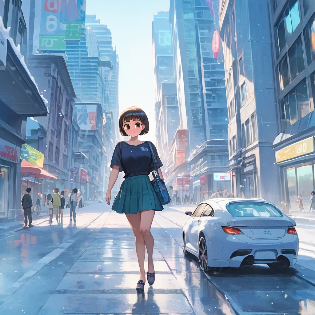 score_9,score_8_up,score_7_up,masterpiece,best quality, source anime, official art, super detailed, extreme detailed, rating_safe,
1girl, walking, ice age, (iced Tokyo city:1.3), street, frozen city, frozen building, frozen road, frozen cars,
BREAK girl, 22yo, short hair, bob cut, (blunt bangs), black hair, (tareme, detailed cute brown eyes), curled eyelashes, (large breasts:0.9), 
shiny hair, beautiful detailed eyes, beautiful face,
summer fashion, no sleeves, mini skirt,
blush, smile, (steam),