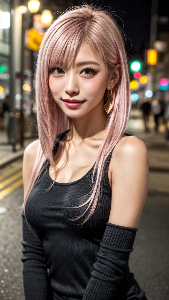 highest quality, Tabletop, 超A high resolution, (Realistic:1.4), (Japanese Idols),RAW Photos, One Girl, night,Detailed skin,Blurred streetscape of Korea,,blond HAIR, (PINK INNER HAIR:1.3),Glossy Lip,smile,(model posing:1.2),21 years old,Fine and beautiful eyes,Diamond Jewelry,Earrings,Gold Jewelry,Cold Light,Tight black knitwear,,(Strengthened upper arms:1.2),A well-trained body,Pixie Hair