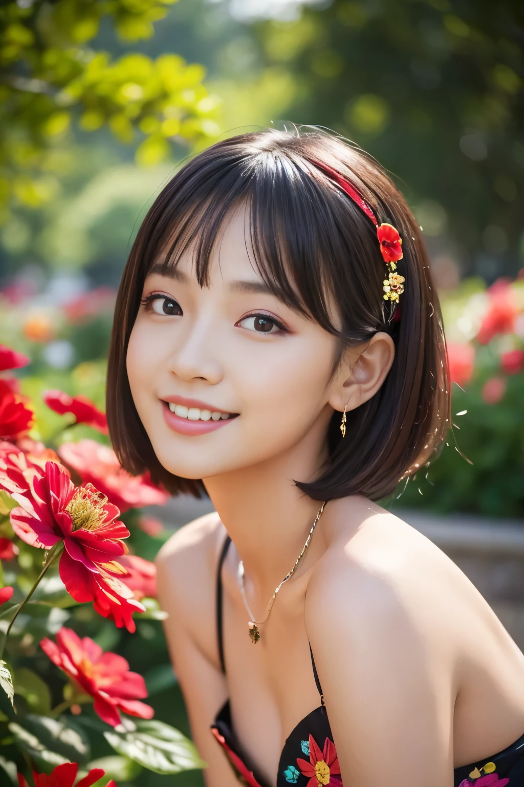 (masterpiece:1.4), (best quality:1.4), ultra high res, ultra high resolution, ((detailed facial features)), HDR, (realistic, photorealistic, photo-realistic:1.37), full body, sexy seductive Thai woman, (seductive smile), (slim girl), long lashes, colorful metallic makeup, vivid colors, (multicolor very short hair), fair skin, elegant posture, wearing large sparkling colorful jewelery, wearing a red cosplay dress with black floral embroidery, rainbow-colored butterflies flutter around, it is in a Eastern setting, japanese park in background, lush garden, sunny, in focus, gentle sunlight shining, casting a soft glow on her face, adding warmth to the scene, vibrant colors, capturing the essence of vibrant city life, portrait style, showcasing her natural beauty and grace in a feminine way