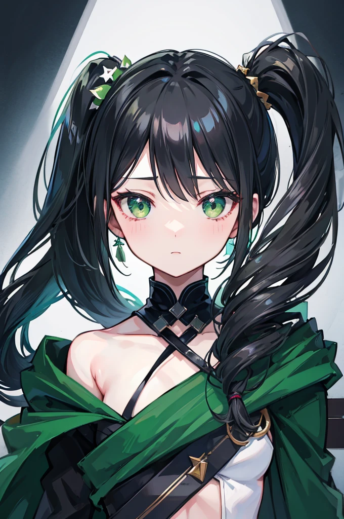 portrait, upper body face through torso, black hair, long wavy side ponytail, eromanga, half closed eyes, green eyes, expression of disinterest,dark green cloak, B cup