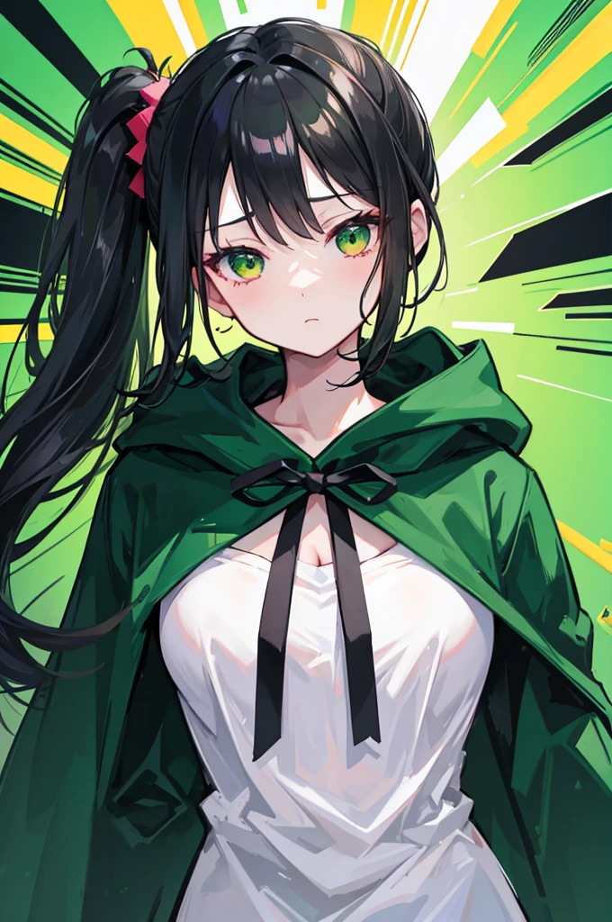 portrait, upper body face through torso, black hair, long wavy side ponytail, eromanga, half closed eyes, green eyes, expression of disinterest,dark green cloak, B cup