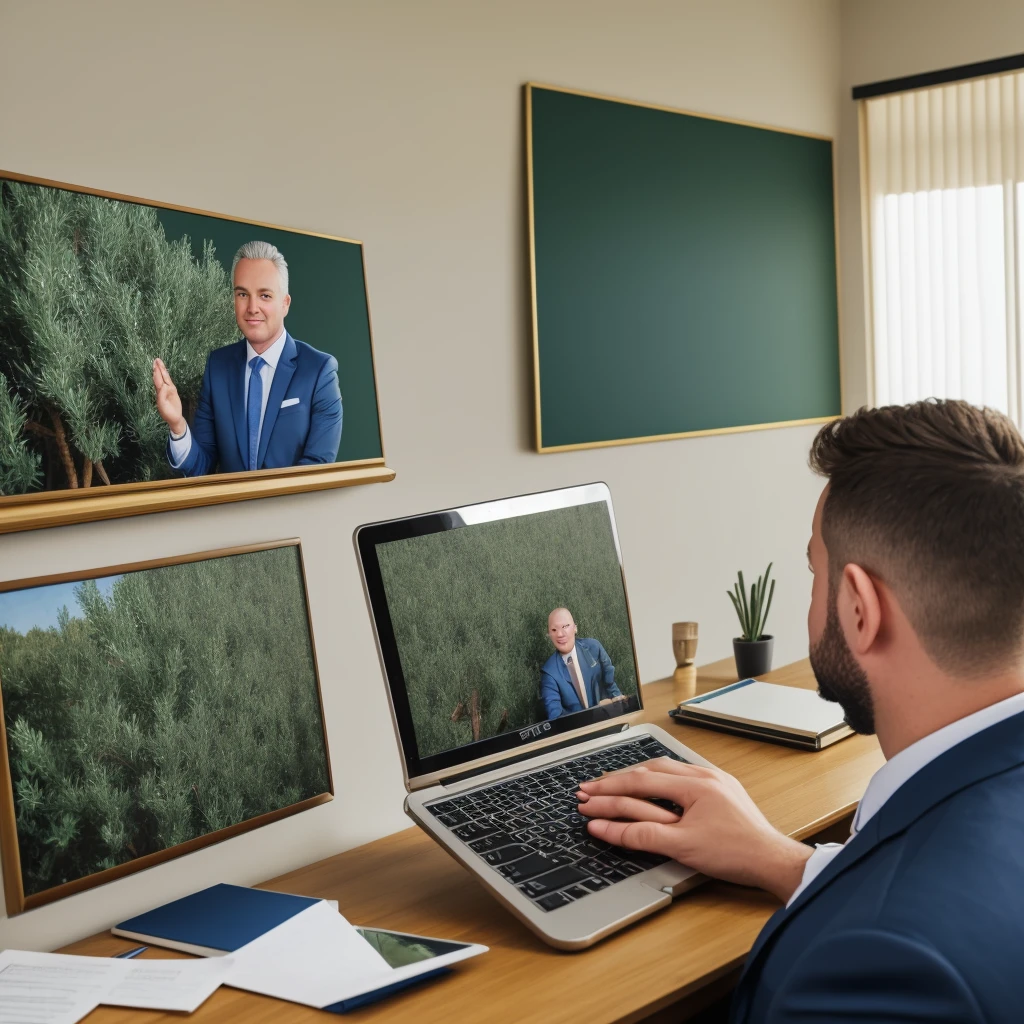 Chubby shaved blonde man with blue eyes doing video conference in olive green suit with a laptop in a classic dark blue living room with gold trim. He has several papers on the table with a green circle. Through the window you can see a field of olive trees with people working and a small ship.. Behind him he has a painting with a photo with his son in the olive grove.. A text document is seen on the computer screen.