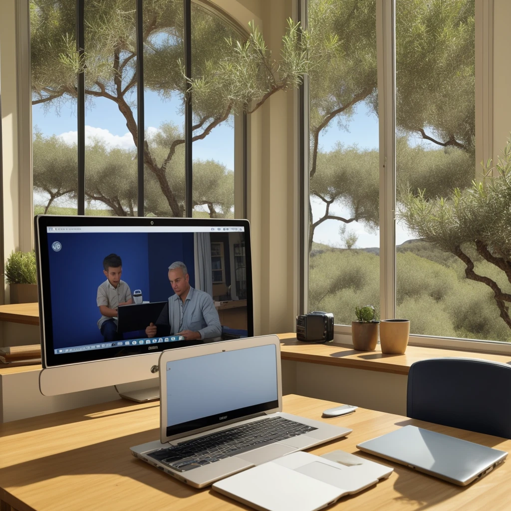Chubby shaved blonde man with blue eyes doing video conference in olive green suit with a laptop in a classic dark blue living room with gold trim. He has several papers on the table with a green circle. Through the window you can see a field of olive trees with people working and a small ship.. Behind him he has a painting with a photo with his son in the olive grove.. A text document is seen on the computer screen.