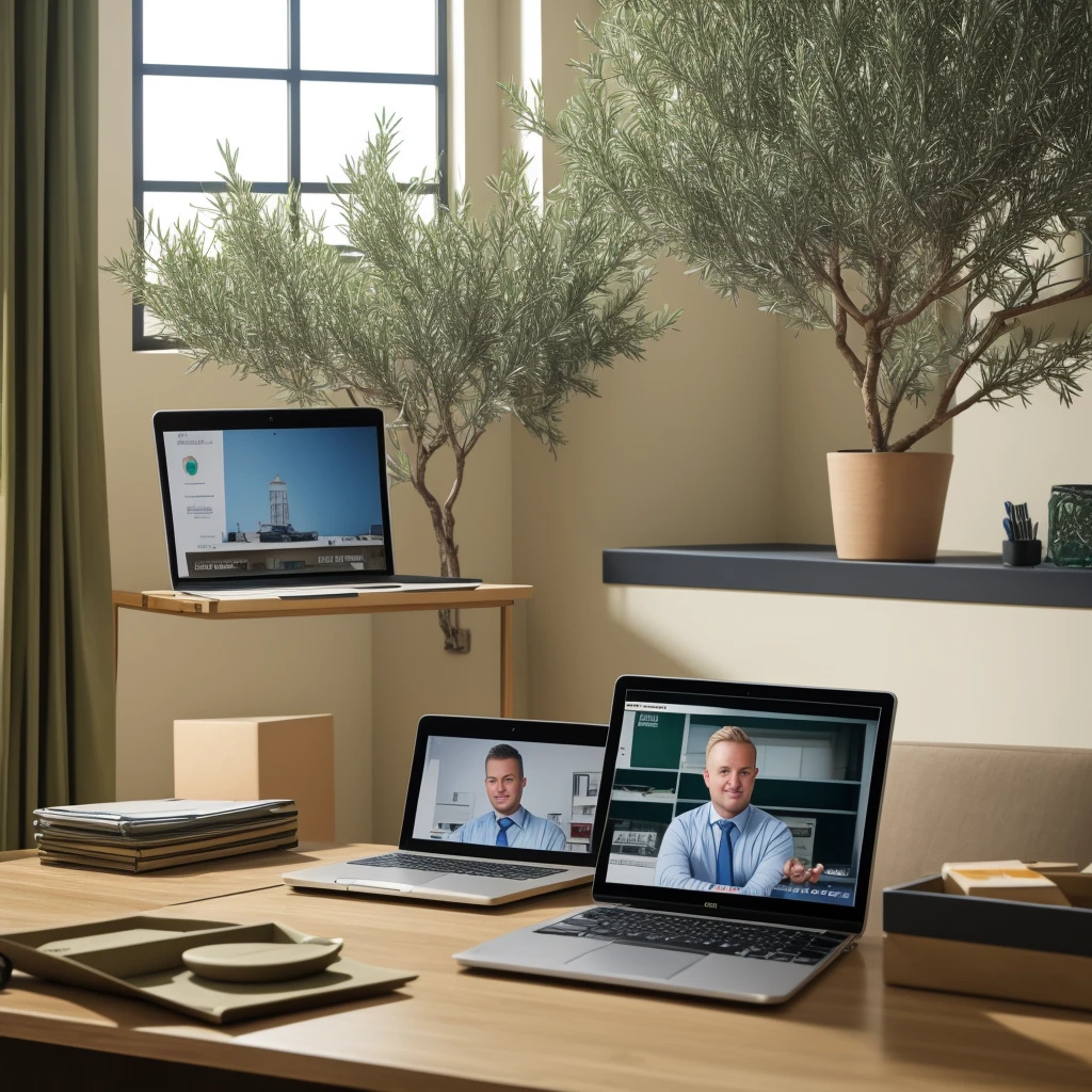Chubby shaved blonde man with blue eyes doing video conference in olive green suit with a laptop in a classic dark blue living room with gold trim. He has several papers on the table with a green circle. Through the window you can see a field of olive trees with people working and a small ship.. Behind him he has a painting with a photo with his son in the olive grove.. A text document is seen on the computer screen.