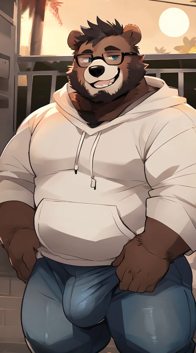 Chubby, furry,male , anthro bear, very plump, middle aged , detailed eyes ,Thick beard, seductive , detailed , half body , wearing color block hoodie, extremely hot and sexy, full detailed eyes, by hyaku ,by darkgem, by glitter trap boy, by jumper bear,wearing circular glasses, wearing white tshirt, cute smile, full set of teeth, perfect teeth, cute smile, seductive smile, winking, big butt in jeans, big bulge, bear tail, cute bear tail, sexy pose, seductive pose, hair pushed to the side, detailed mouth, winking, showing off butt