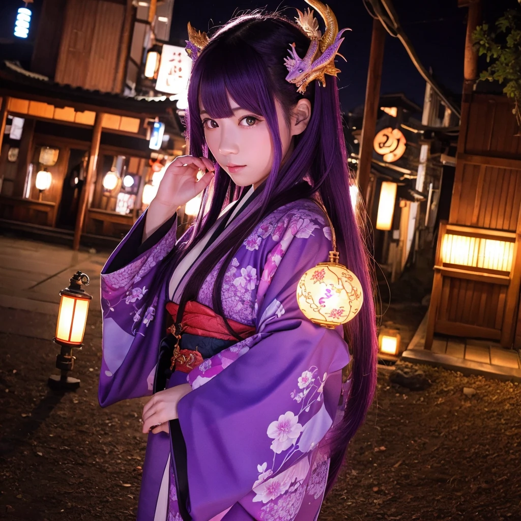 Japanese style、dragon、girl、Long Hair、Purple Hair、magic circle、kimono、Night view