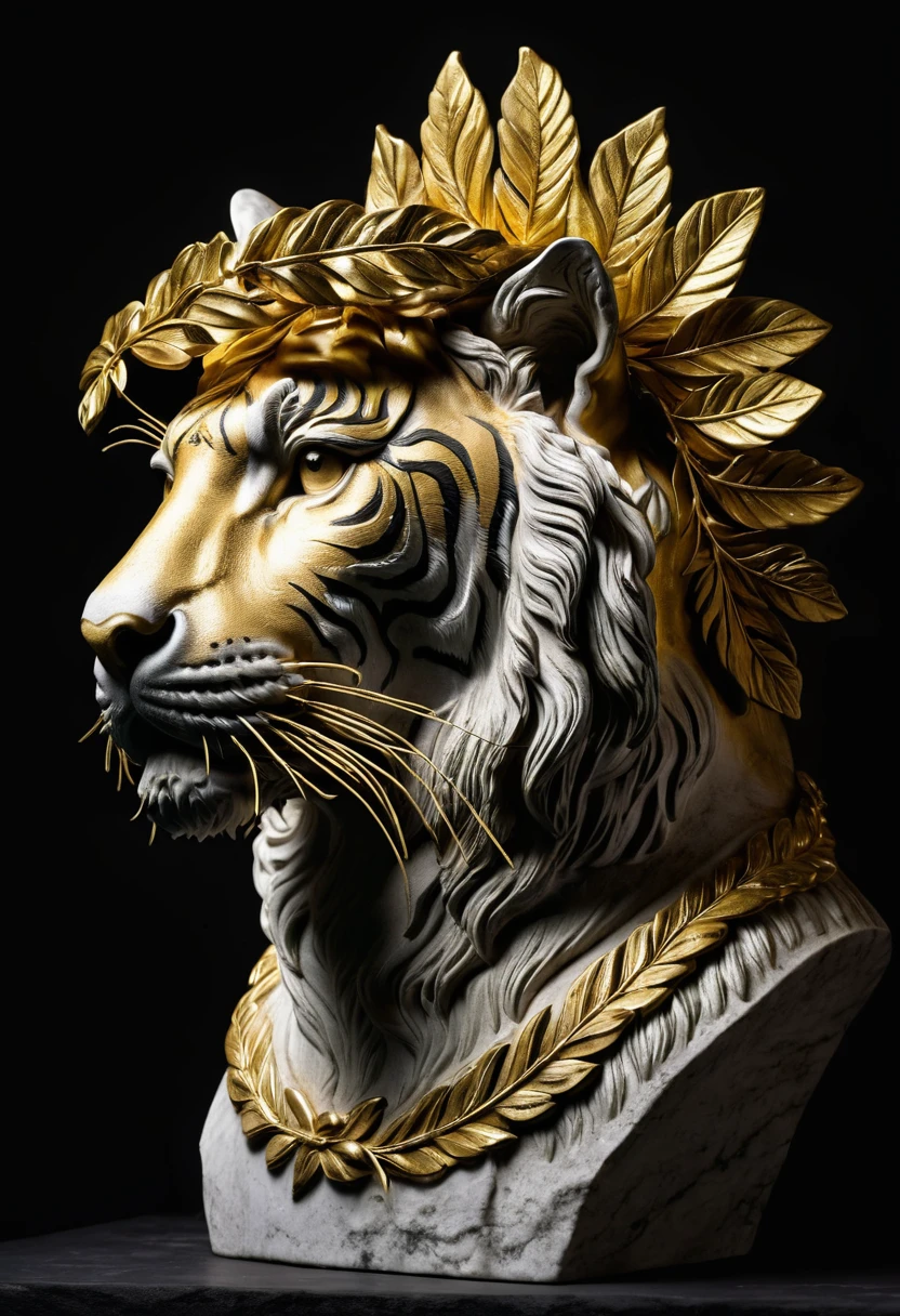 Side view of a roman Tiger bust with a solid gold Laurel Wreath on top of it's head, highlighted with a spotlight and dark background