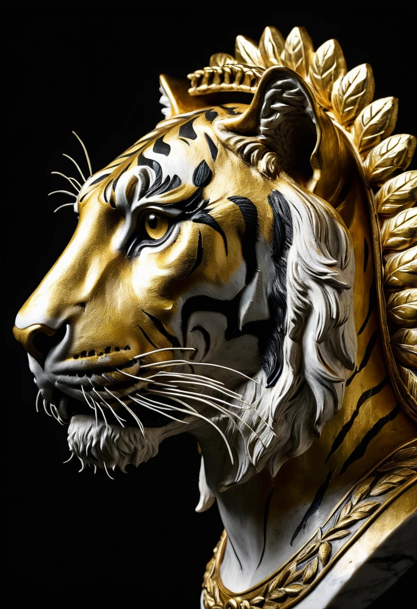 Side view of a roman Tiger bust with a solid gold Laurel Wreath on top of it's head, highlighted with a spotlight and dark background