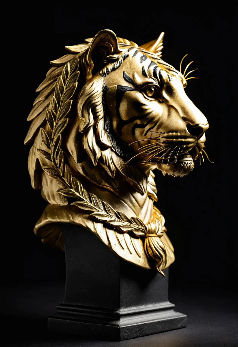 Side view of a roman Tiger bust with a solid gold Laurel Wreath on top of it's head, highlighted with a spotlight and dark background