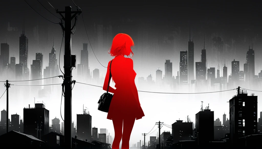 (in style of Ashley Wood:1.3),(in style of Takeshi Obata:0.9),
black and white urban skyline background,protruding utility poles,(a red silhouette of a young girl:1.6),minimalist silhouette,red silhouette,black and white background,wide_shot,silhouette of a age girl on a telephone pole,