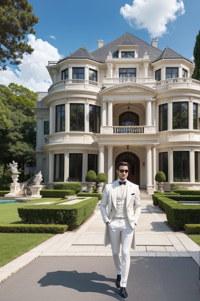 A dashing young multimillionaire stands confidently in front of his opulent mansion. He wears a sharp suit and sunglasses, exuding an air of success and sophistication. The mansion is a grand, modern architectural masterpiece with large glass windows, lush green gardens, and a luxurious sports car parked in the driveway. The sky is a brilliant blue, with a few fluffy white clouds, and the overall atmosphere is of wealth, elegance, and leisure.