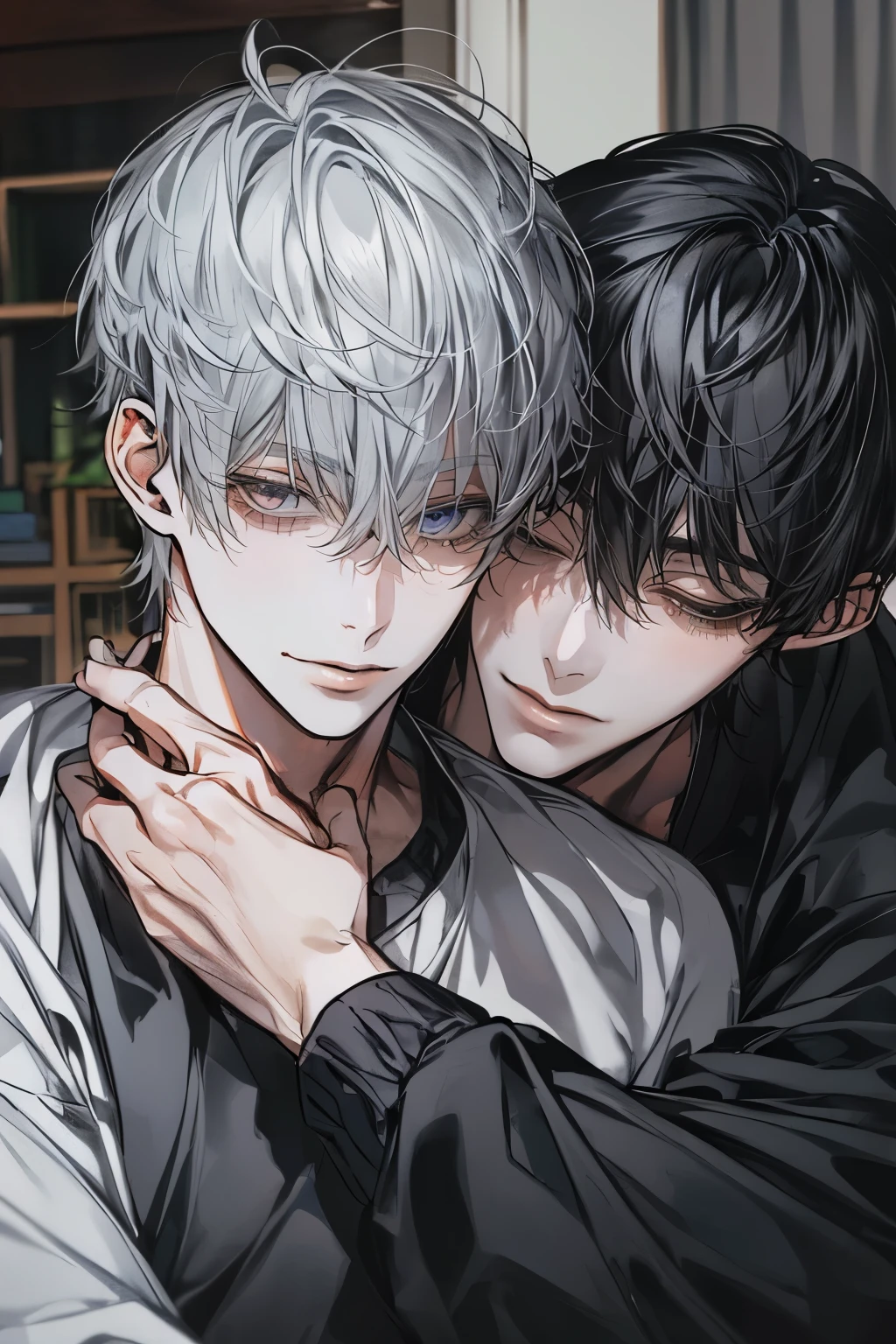 (masterpiece), (Highest quality), Very detailed, ((Two men intimate:1.5)), Perfect Face, Beautiful Face, Very detailedな顔,(Black-haired man:1.3),(Grey-haired man:1.3)、T-Shirts、smile