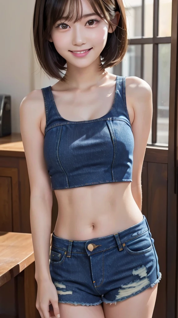 {{{masterpiece}}}, {{{best quality}}}, {{ultra-detailed}}, {illustration}, {{an extremely delicate and beautiful}}, one girl, 20 years old, japanese girl, smile, short hair, (((black crop top))), (((denim shorts))), beauty, pretty face, cute face, medium breast, natural face