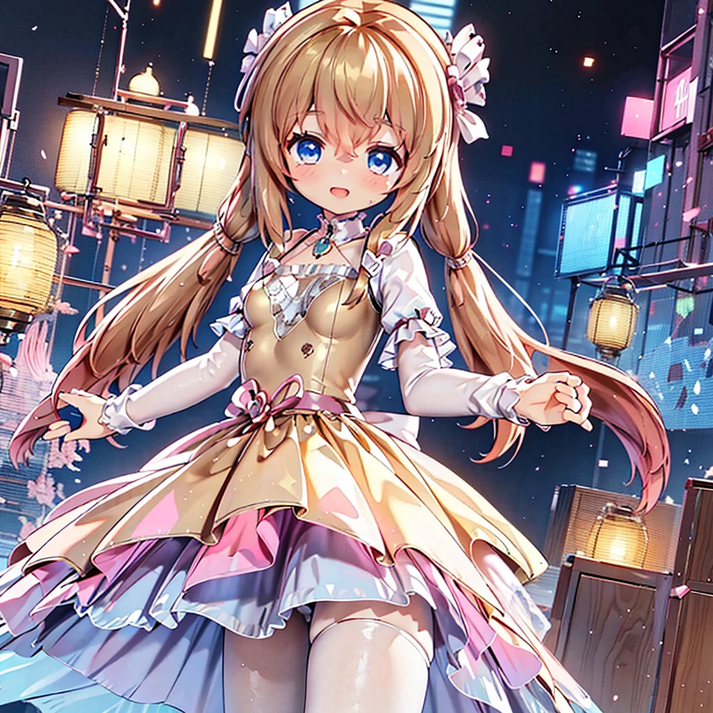 masterpiece, best quality, CG wallpaper, 8k, girl, solo,  cute, petite, Blue eyes, brown twintail, (yellow dress), open mouth smile, look away, dynamic angle, glitch, neon and led lights, back shot
