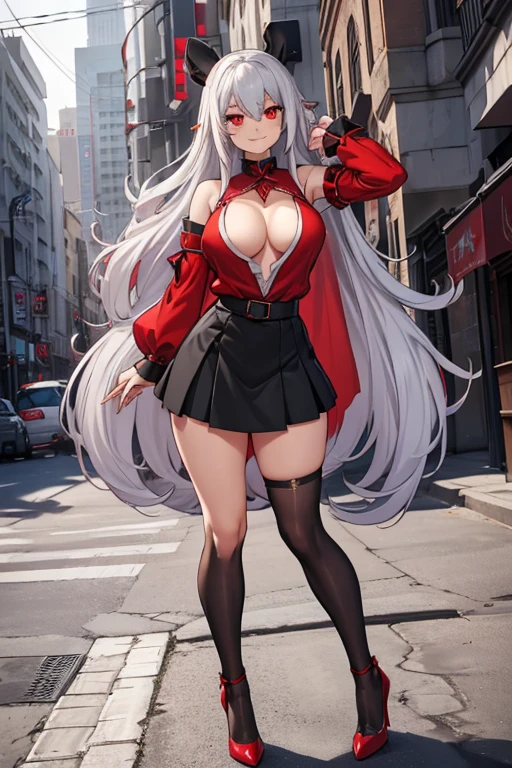 female, silver long hair, red eyes, (((1girl))), (((red blouse with elbow length sleeves))), (black knee length skirt), (black tights), (red heels), cute and sexy, full body, large breasts, large butt, long legs, smiling, cleavage