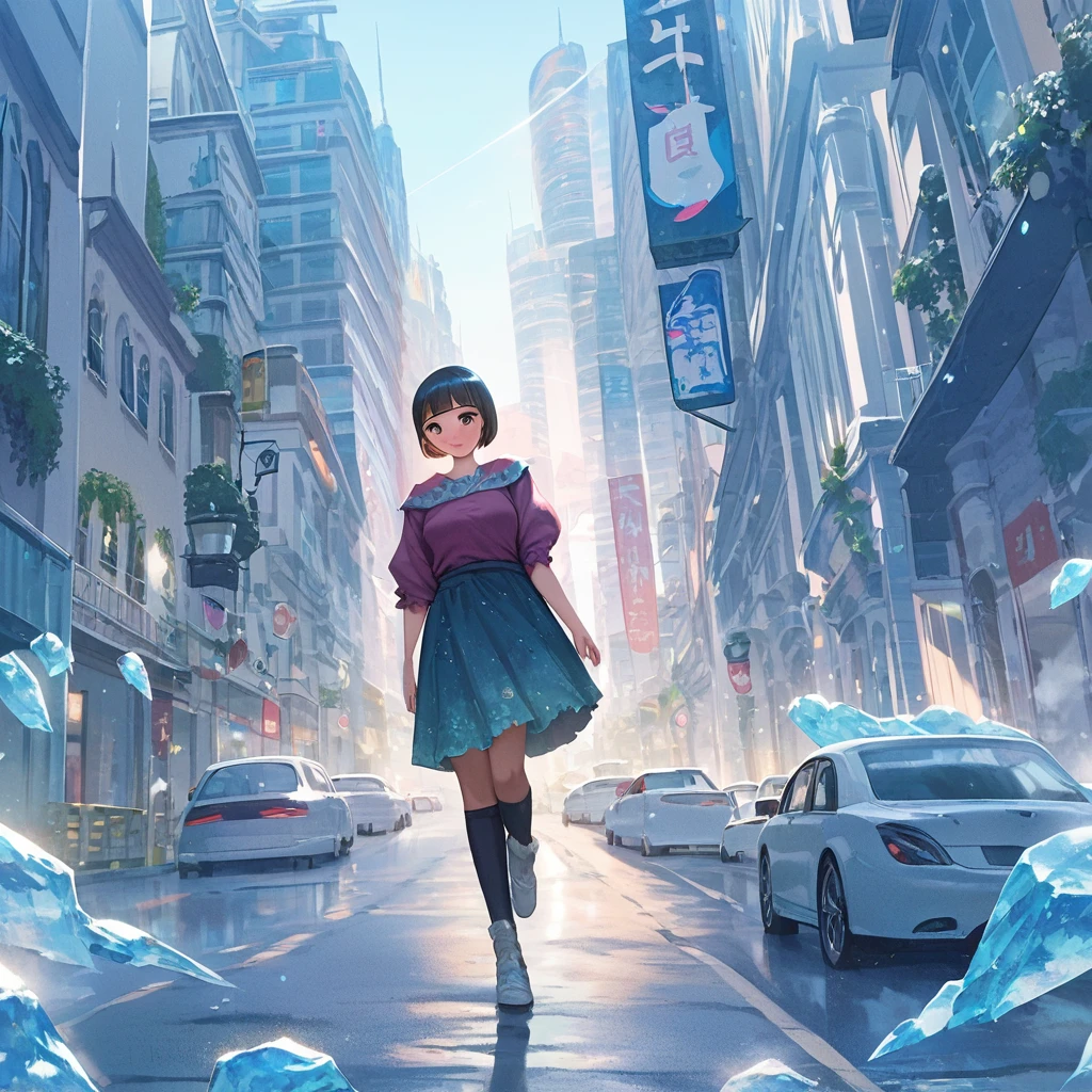 score_9,score_8_up,score_7_up,masterpiece,best quality, source anime, official art, super detailed, extreme detailed, rating_safe,
1girl, walking, ice age, (iced Tokyo city:1.3), street, frozen city, frozen building, frozen road, frozen cars,
BREAK girl, 22yo, short hair, bob cut, (blunt bangs), black hair, (tareme, detailed cute brown eyes), curled eyelashes, (large breasts:0.9), 
shiny hair, beautiful detailed eyes, beautiful face,
summer fashion, no sleeves, mini skirt,
blush, smile, (steam),