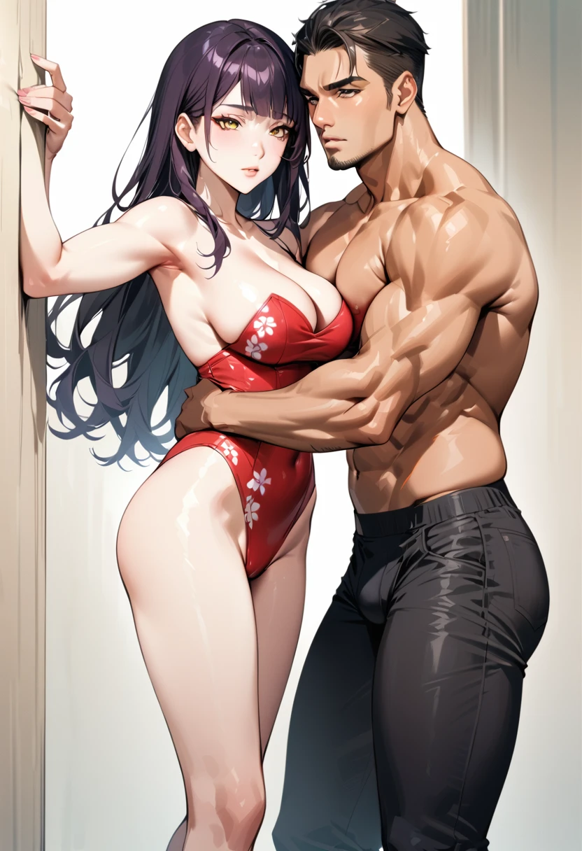 (ung man), (1 Asian mother), (Duet), A seductive scene unfolds with an Asian mother seducing a young, muscular black man. (The strong, naked black man, showcasing his bodybuilder physique and short pantacle body), (A young mother with large breasts, narrow waist, and bare shoulders, dressed in a flattering catsuit with a vibrant floral print), (This masterpiece is rendered in ultra-high resolution, featuring RAW photos for best quality: 1.4), (Depicting the scene in stunning 8K for maximum detail: 1.2), (Featuring the talented Laurena Lexis), (A mom and her