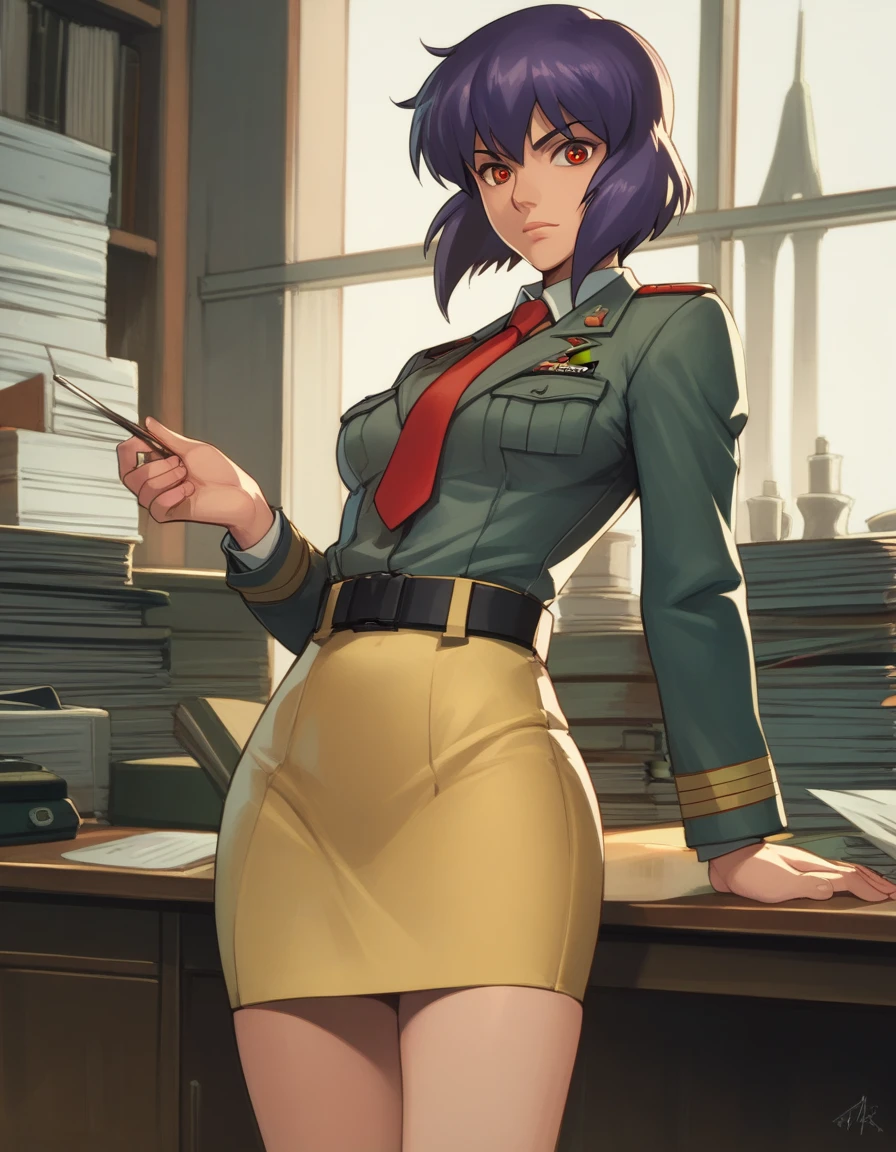 score_9, score_8_up, score_7_up, score_6_up, score_5_up, score_4_up,
kusanagi motoko, military, military uniform, red tie, yellow skirt suit, ribbon bar, sam browne belt,
looking at viewer, office,