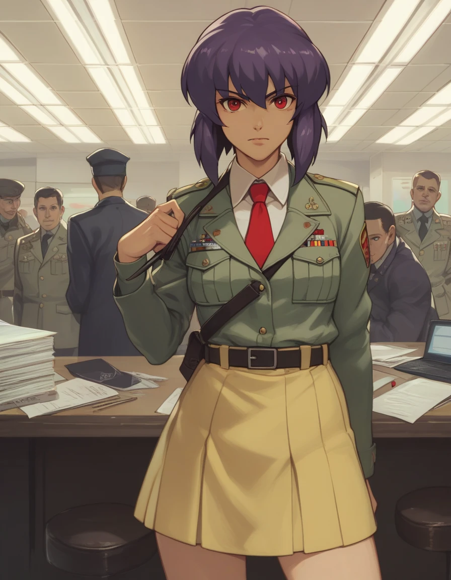 score_9, score_8_up, score_7_up, score_6_up, score_5_up, score_4_up,
kusanagi motoko, military, military uniform, red tie, yellow skirt suit, ribbon bar, sam browne belt,
looking at viewer, office,