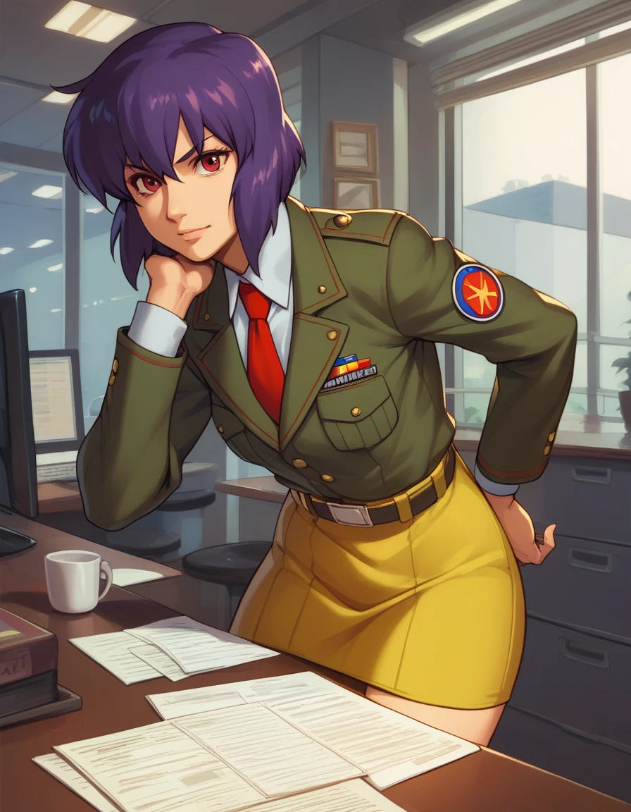 score_9, score_8_up, score_7_up, score_6_up, score_5_up, score_4_up,
kusanagi motoko, military, military uniform, red tie, yellow skirt suit, ribbon bar, sam browne belt,
looking at viewer, office,