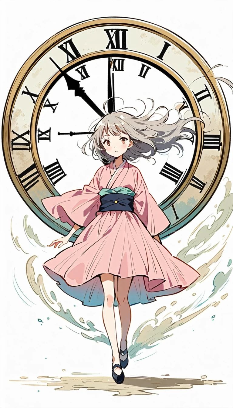 white background, Fujichoco style, pink kimono, (((The Most Beautiful Girl))), gray hair, ((giant clock, wind)), simple background, full body, Simple line initialism,