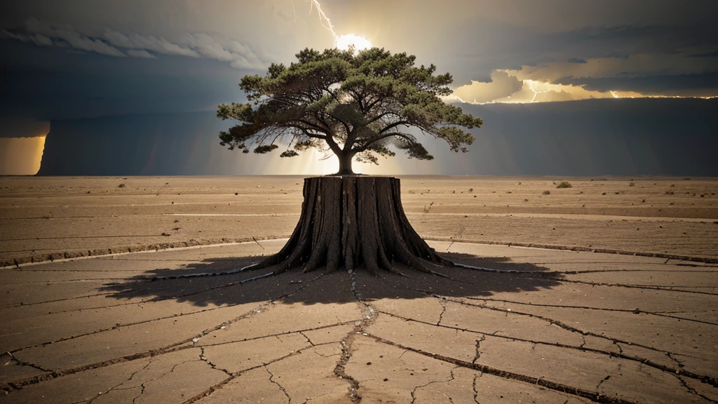 big fat tree at the center of dry crack land thunder at the sky