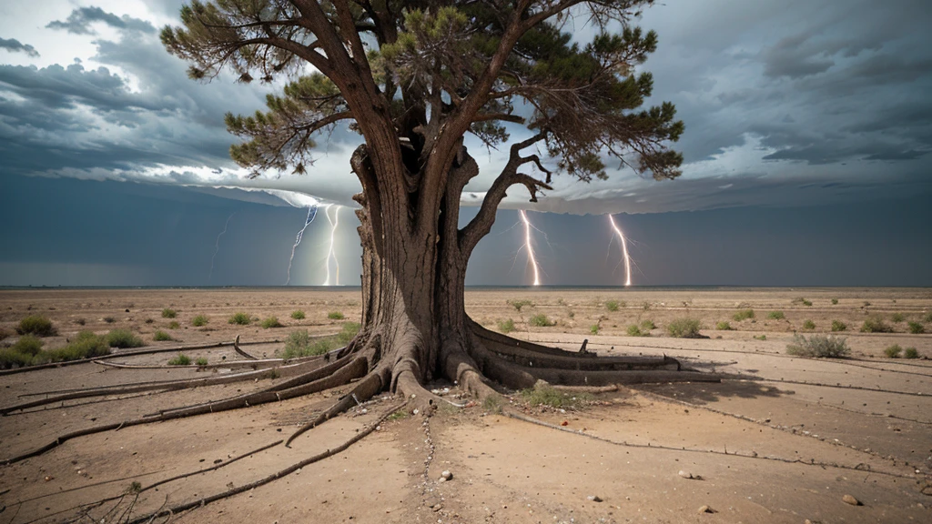 big fat tree at the center of dry crack land thunder at the sky