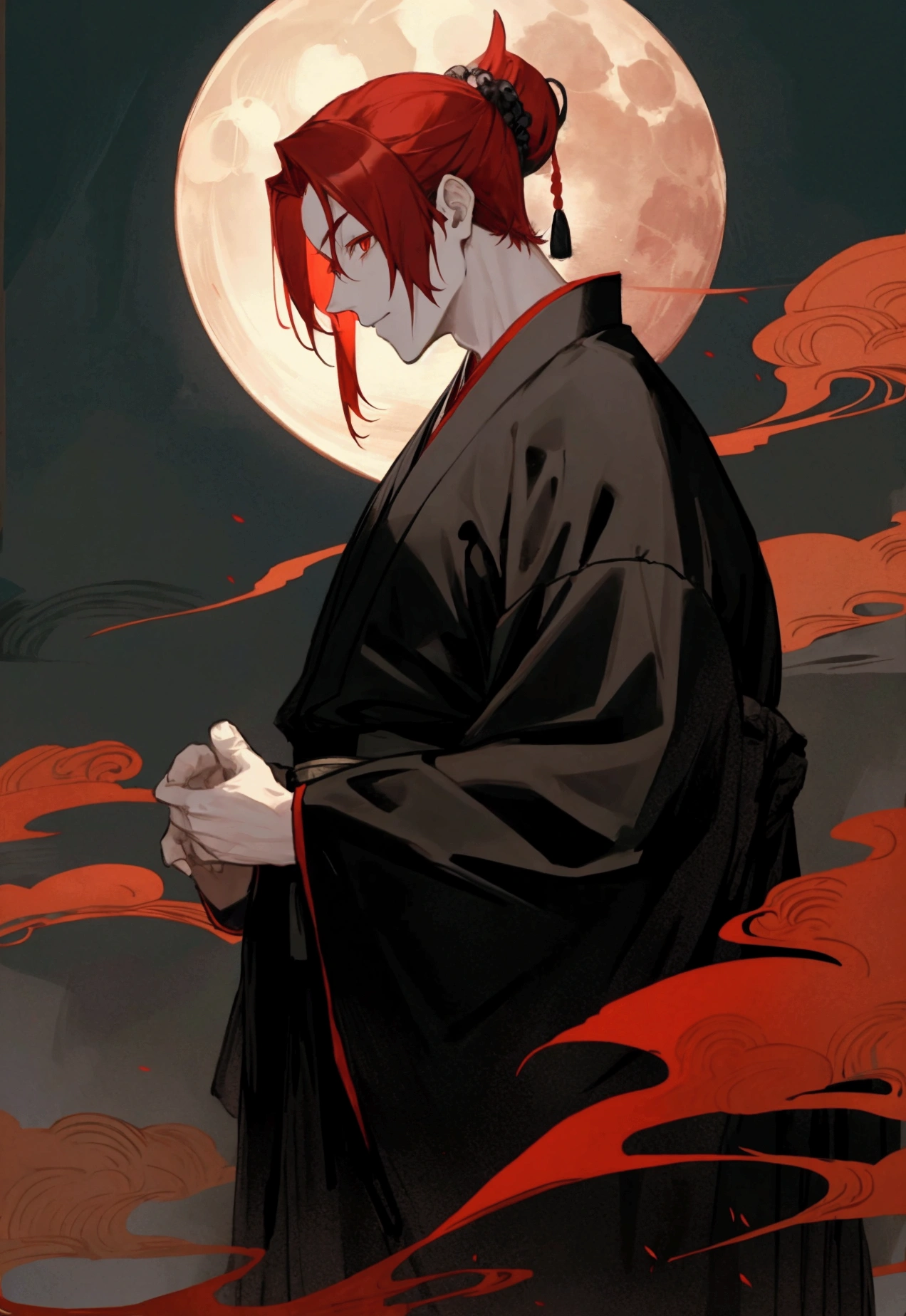 Red hair, Red Eye, male, moonlight, Black kimono, Relax