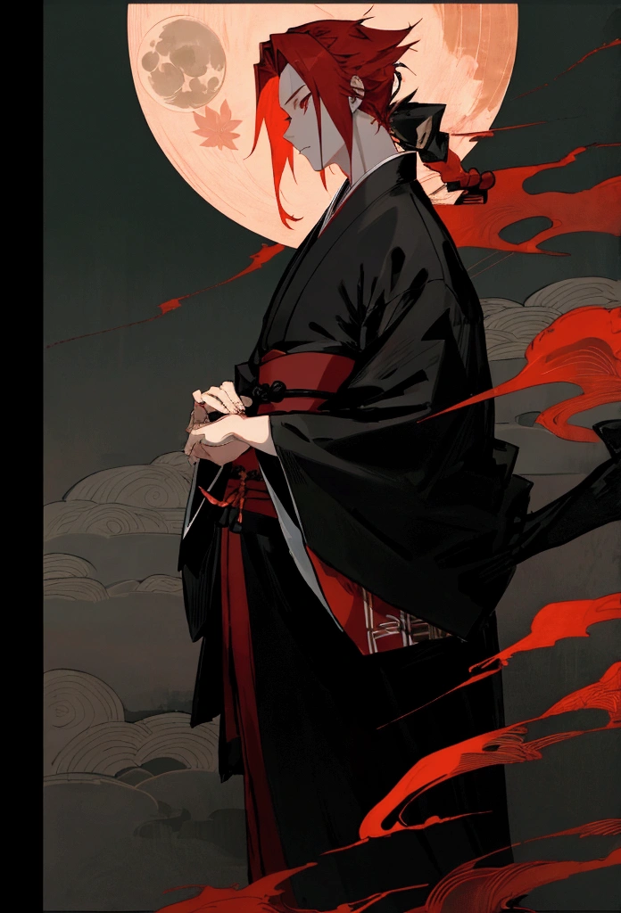 Red hair, Red Eye, male, moonlight, Black kimono, Japanese-style house