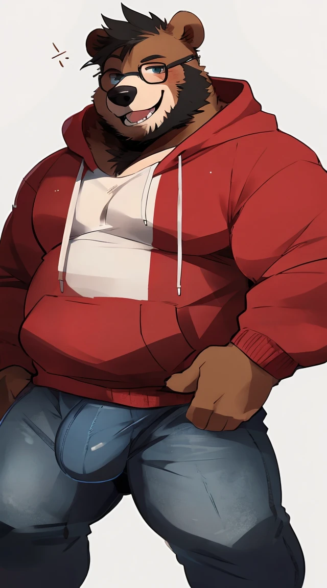 Chubby, furry,male , anthro bear, very plump, middle aged , detailed eyes ,Thick beard, seductive , detailed , half body , wearing color block hoodie, extremely hot and sexy, full detailed eyes, by hyaku ,by darkgem, by glitter trap boy, by jumper bear,wearing circular glasses, wearing white tshirt, cute smile, full set of teeth, perfect teeth, cute smile, seductive smile, winking, big butt in jeans, big bulge, bear tail, cute bear tail, sexy pose, seductive pose, hair pushed to the side, detailed mouth, winking, showing off butt