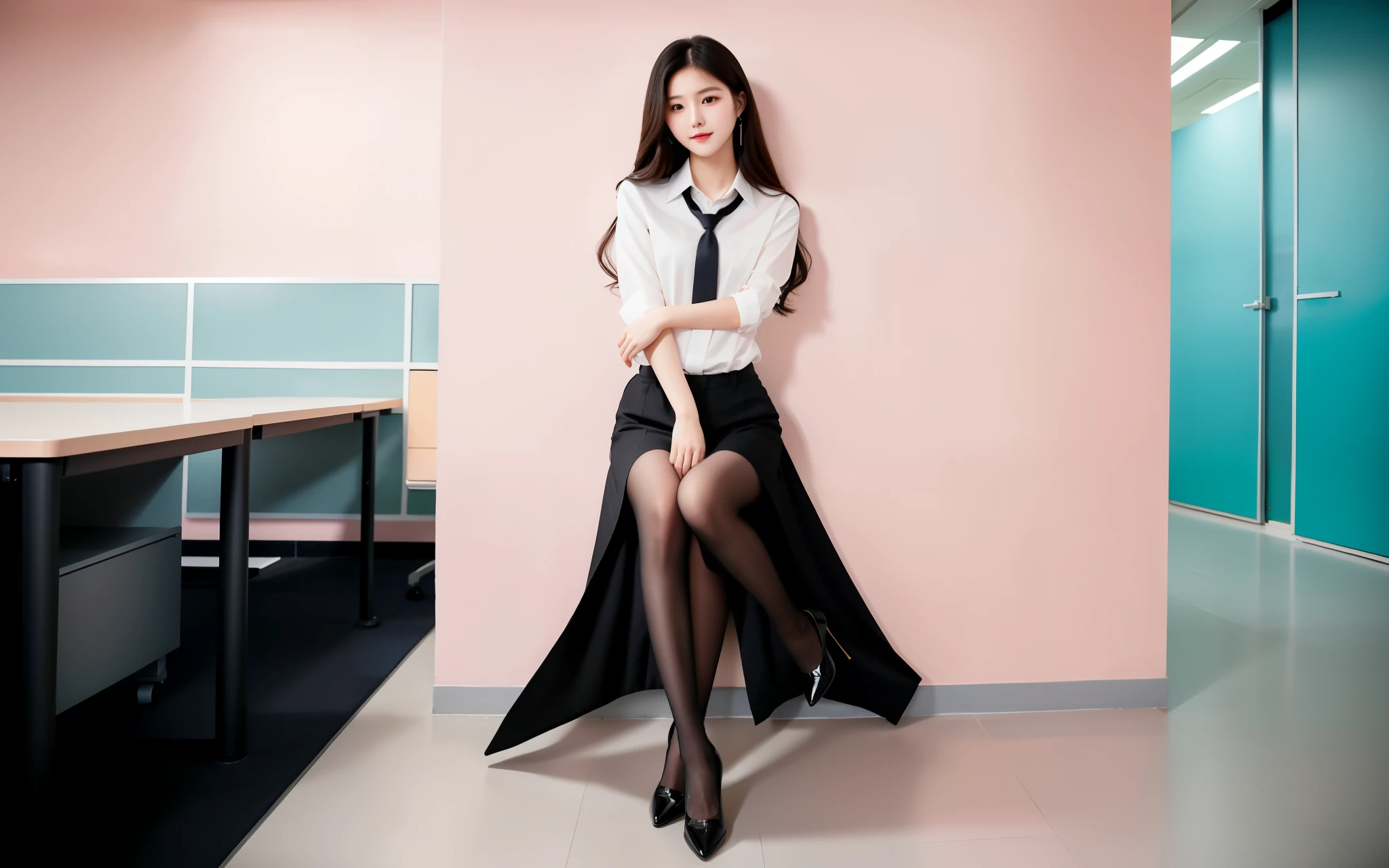 best quality, Full body portrait, Delicate face, Pretty Face, Slim body, office,Lady，office服装, black, Pink long hair，cute，stand up，black高跟鞋,three legs，Standing