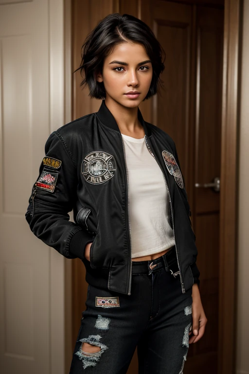 (masterpiece:1.2), ultra detailed, ultra high res, (realistic, photo realistic:1.37), high detail RAW color photo, professional photograph, an extremely delicate and beautiful, extremely detailed, finely detail, huge file size, extremely detailed beautiful girl, extremely detailed face, extremely detailed eyes, extremely detailed skin, extremely detailed nose, extremely detailed mouth, perfect anatomy, highly detailed background, shiny skin, (very short hair), cinematic lighting, (any Pose:1.3), cowboy shot, denim pants, (wearing black air bomber jacket with many patches:1.3), woman is an intruder in a house after dark, sneaking in where she is not supposed to be