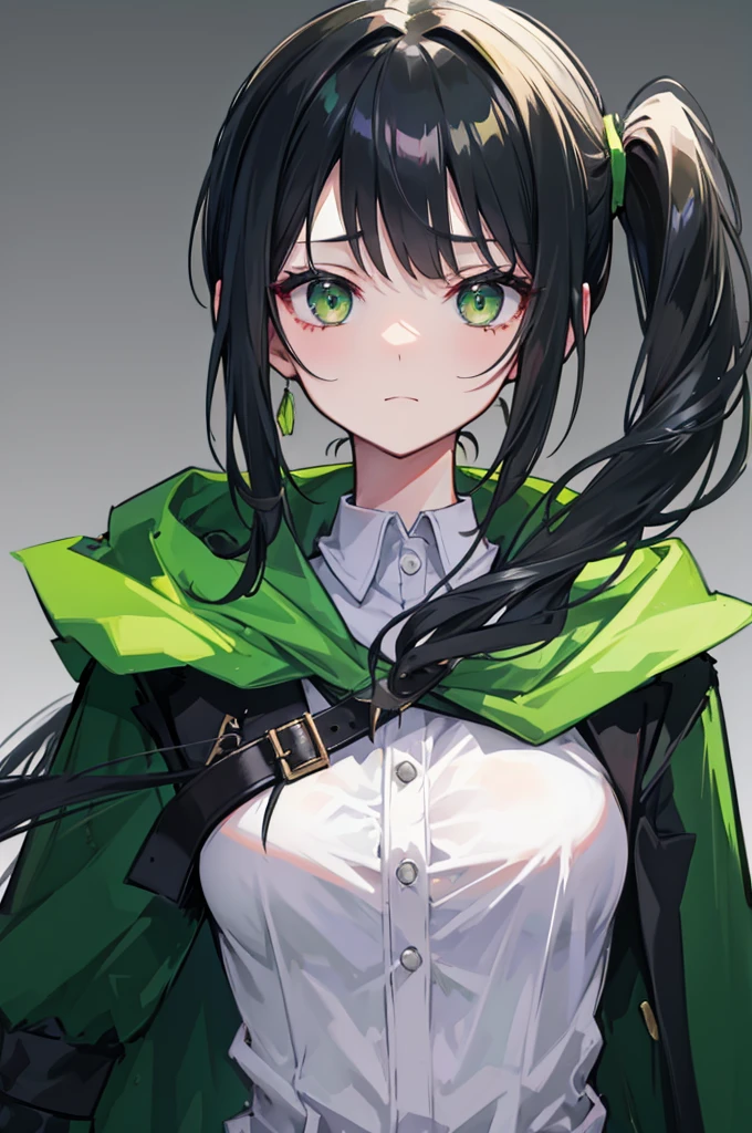 portrait, upper body face through torso, black hair, long wavy side ponytail, eromanga, Squinting, green eyes, expression of disinterest,dark green cloak, B cup