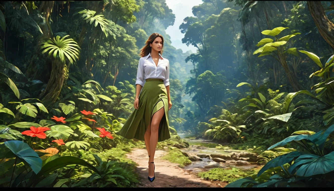 high details, best quality, 16k, [ultra detailed], masterpiece, best quality, dynamic angle, ultra wide shot, RAW, photorealistic, fantasy art, realistic art, a picture of a computer engineer  getting lost in the jungle, computer engineer, wearing white button shirt,  dynamic skirt, dynamic colors, wearing stiletto heels, full body, (an extremely beautiful: 1.3), (best detailed face: 1.4), dynamic hir color, dynamic hair style, dynamic eyes color, sense of confusion, sense of helplessness, jungle trees, plenty of (jungle veins: 1.2), (jungle flowers: 1.1), a (snake: 1.3) lurking by, high details, fantasy art, RPG art best quality, 16k, ultra detailed, masterpiece, best quality, (ultra detailed), full body, ultra wide shot, photorealistic, Hyperrealism style