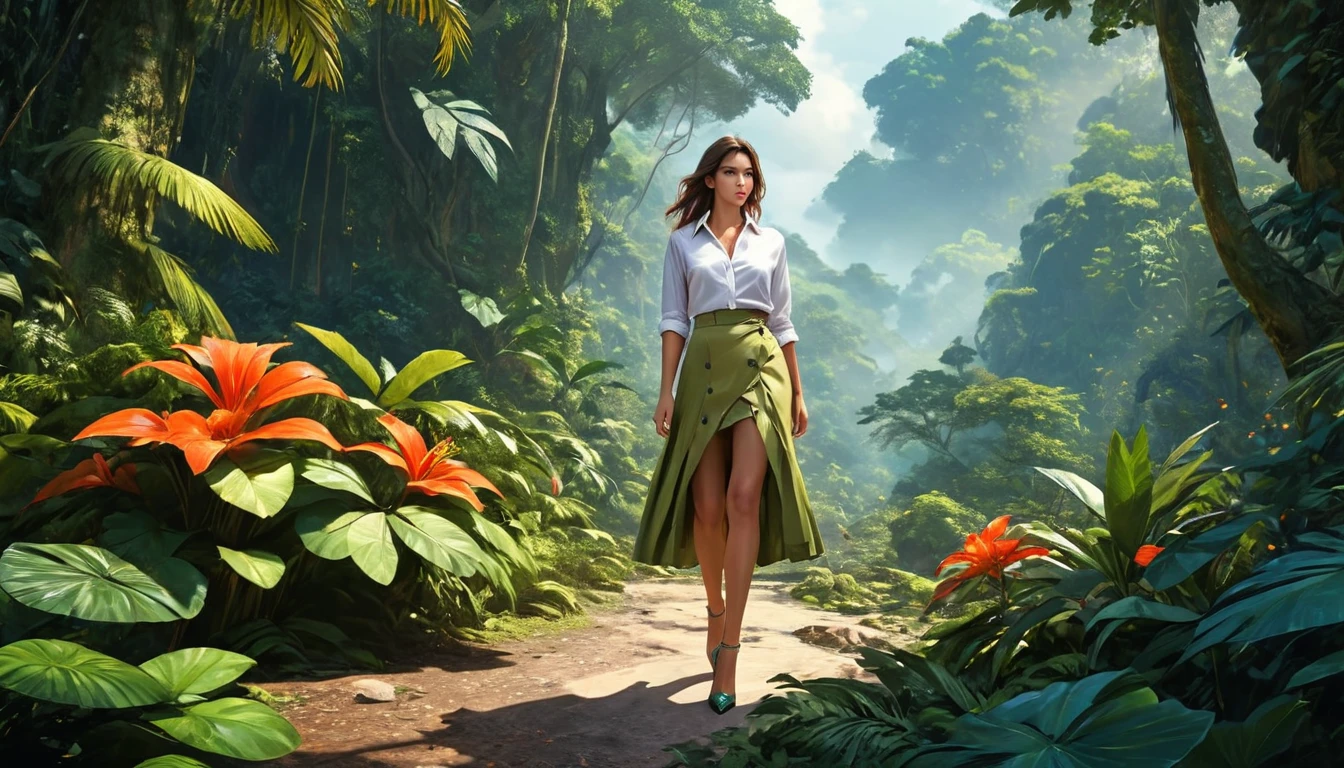 high details, best quality, 16k, [ultra detailed], masterpiece, best quality, dynamic angle, ultra wide shot, RAW, photorealistic, fantasy art, realistic art, a picture of a computer engineer  getting lost in the jungle, computer engineer, wearing white button shirt,  dynamic skirt, dynamic colors, wearing stiletto heels, full body, (an extremely beautiful: 1.3), (best detailed face: 1.4), dynamic hir color, dynamic hair style, dynamic eyes color, sense of confusion, sense of helplessness, jungle trees, plenty of (jungle veins: 1.2), (jungle flowers: 1.1), a (snake: 1.3) lurking by, high details, fantasy art, RPG art best quality, 16k, ultra detailed, masterpiece, best quality, (ultra detailed), full body, ultra wide shot, photorealistic, Hyperrealism style